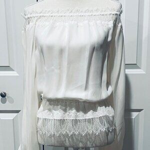 TAMARA MELLON IVORY SILK AND LACE OFF SHOULDER TOP - SZ 0